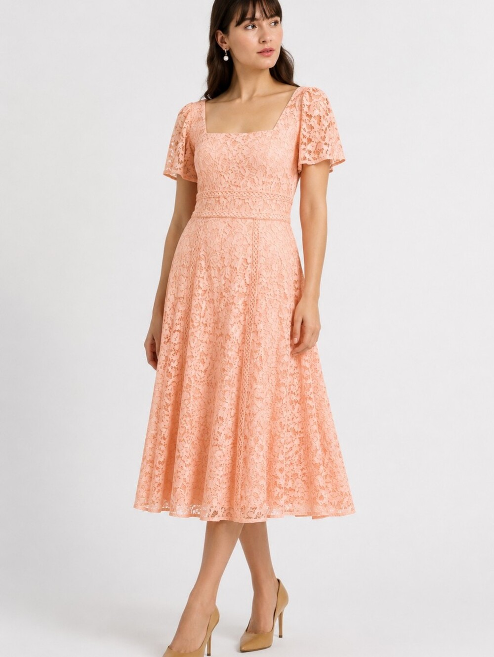 Anne Klein Peach Lace Midi Dress Size 14 | Romantic Square Neck | NWOT